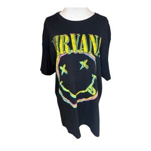 Nirvana Black Graphic Band Tee with Neon Smile Logo